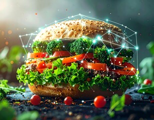 An augmented reality burger with lettuce, tomato, broccoli, and a network overlay
