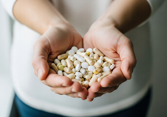Fototapeta premium Hands gently holding a diverse collection of pharmaceutical pills and capsules, symbolizing health, treatment, and medical care choices.
