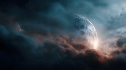 Obraz premium Dramatic celestial body with craters emerges from dark swirling clouds illuminated by a warm glow against an atmospheric night sky