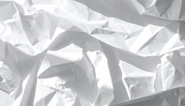 Abstract white crumpled paper texture background with sharp shadows and bright highlights creating a dramatic textured surface - Powered by Adobe