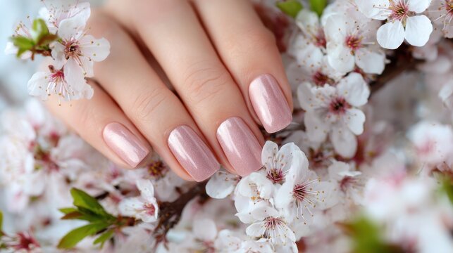 Elegant manicure featuring soft pink nails surrounded by delicate cherry blossom flowers in a serene and beautiful spring atmosphere