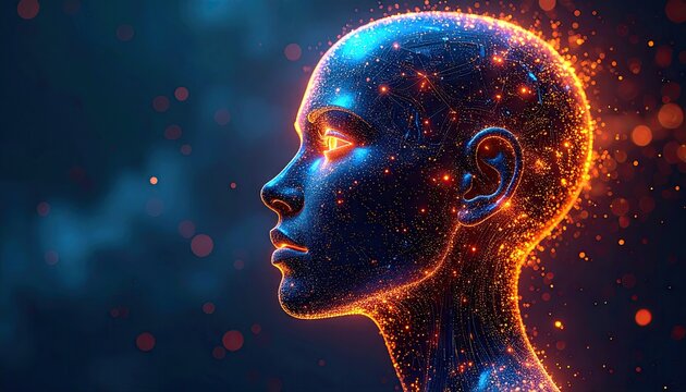 Futuristic Digital Human Head Profile Glowing With Artificial Intelligence Data Streams.