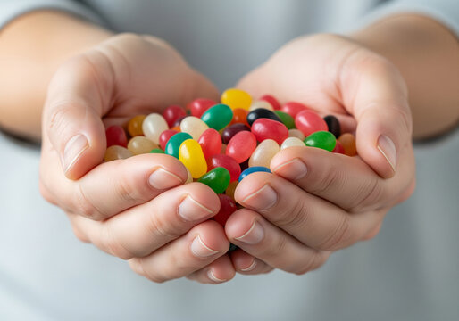 Generous hands offer a vibrant, colorful pile of sweet jelly beans, evoking joy and simple pleasures for any occasion. - Powered by Adobe