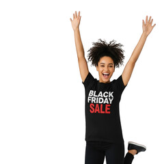 Excited woman celebrates black friday sale savings on transparent background