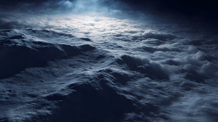 Fototapeta premium Dramatic view of a desolate cratered world under a stormy moonlit sky with atmospheric clouds