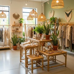 Sustainable clothing shop interior with rattan furniture and green plants.