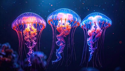 Three bioluminescent jellyfish glowing in deep ocean water.
