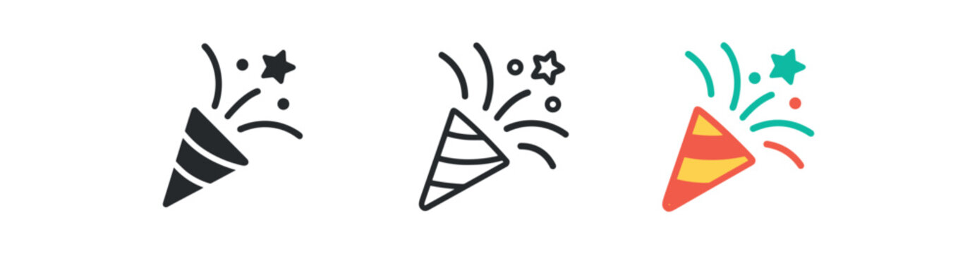 party confetti explosion icon on white background Black silhouette flat icon outline icon and colored icon style vivid festive palette red green turquoise three minimal vector icon style