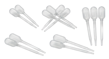Multiple clear plastic pipettes arranged for laboratory experiments and research.