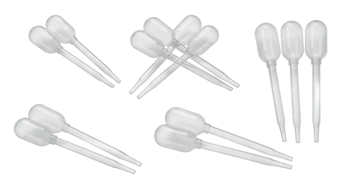 Multiple clear plastic pipettes arranged for laboratory experiments and research.