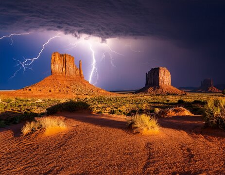 twin sandstone monoliths rise above a vast desert plain while lightning strikes illuminate the dark sky during a brewing storm - Powered by Adobe
