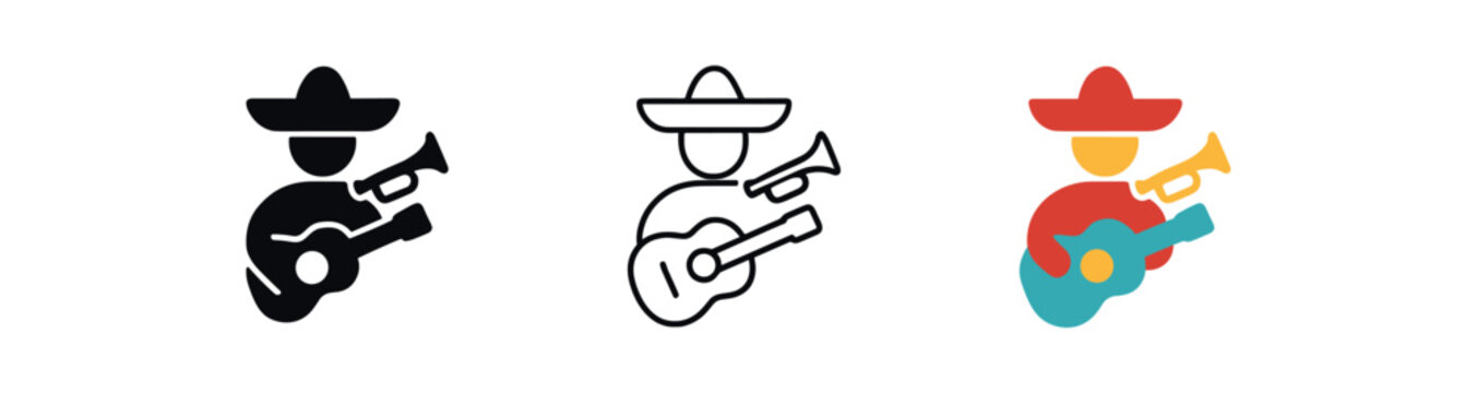 mariachi trumpet guitar icon on white background Black silhouette flat icon outline icon and colored icon style golden red turquoise three minimal vector icon style