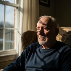 Thoughtful elderly man sitting alone in a sunlit room looking out the window.