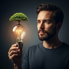 Thoughtful man holding a glowing lightbulb with a green tree growing inside representing sustainable energy.