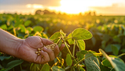 Hands holding soybeans from the soybean tree harvest