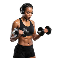 Focused athletic woman with toned physique performing bicep curls with dumbbells wearing headphones isolated on transparent background