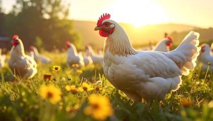 Fototapeta premium A flock of white chickens grazing in a sun-drenched field filled with flowers