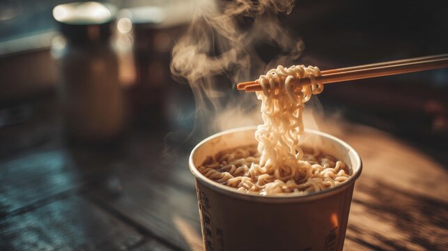 Delicious Ramen Noodles Steaming in a Cup with Chopsticks Against a Relaxing Background in a Cozy Setting