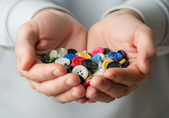 Warm hands gently cradle a vibrant collection of colorful sewing buttons, representing creativity and endless possibilities for your next project.