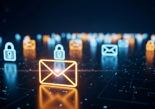 Secure email communication concept with glowing envelope and padlock icons, ideal for cybersecurity marketing or business technology visuals