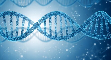 Vibrant 3D render of a sparkling DNA double helix structure in blue and white with a network of abstract molecular connections on a bright background
