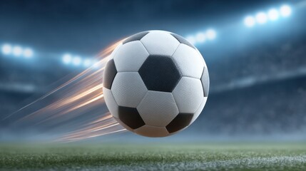 Fototapeta premium Dynamic Soccer Ball in Motion with Light Trails Under Bright Stadium Lights Captivating Sports Energy and Excitement in Action