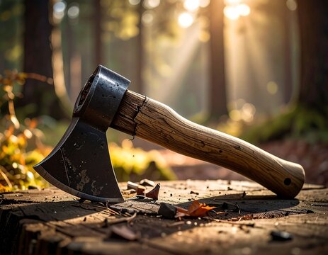 An axe resting on a tree stump in a sunlit forest, with bokeh and natural light