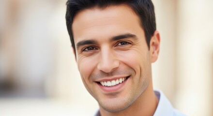 Attractive man's genuine smile showcasing a sense of optimism and approachability in a bright