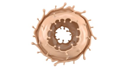 Vibrant top-down view of a liquid foundation makeup cream splashing dynamically in a donut shape with droplets flying outwards against a white background