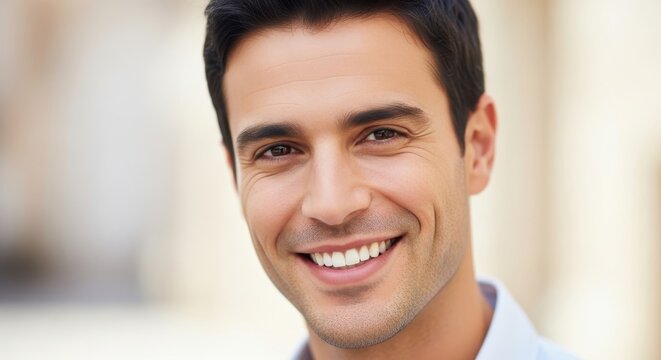 Attractive man's genuine smile showcasing a sense of optimism and approachability in a bright