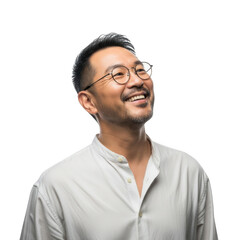 A cheerful asian man with glasses wearing a white collared shirt smiles broadly looking upwards isolated on transparent background