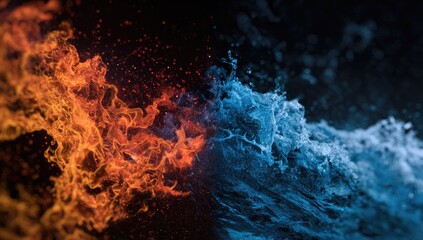 A dramatic composition showing a fiery orange element clashing with a blue water element