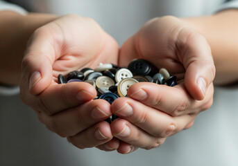 Gentle hands cradle a diverse collection of vintage and modern buttons, offering a tactile connection to creativity and craft.