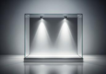 Spotlighted empty modern glass display case ready for product showcase or exhibition, creating a clean and professional presentation space