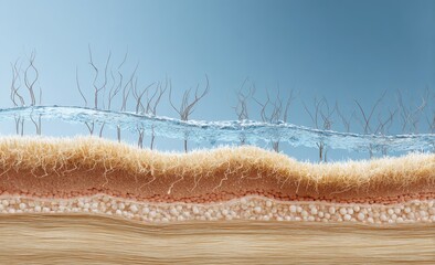 Cross-section showing skin layers, roots, and a surface of water against a blue backdrop