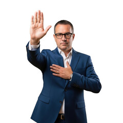 A serious businessman wearing a blue suit and glasses raises his right hand and places his left hand over his heart isolated on transparent background