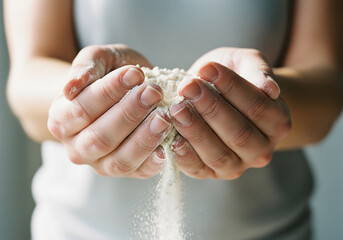 Gentle hands sift fine white powder, creating a soft cascade, evoking purity, delicate texture, and the essence of baking or natural ingredients.