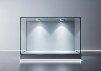 Modern illuminated glass display case ready for product showcase, museum exhibit, or retail presentation, creating an elegant and professional atmosphere.