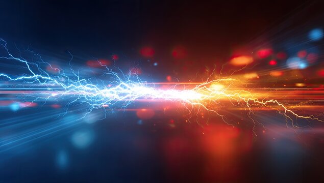 Vibrant image depicts a clash of blue and orange energy bolts, with bokeh background