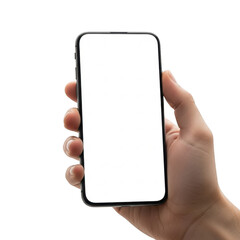 A human hand holding a modern smartphone with a blank gray screen showcasing a digital device isolated on transparent background