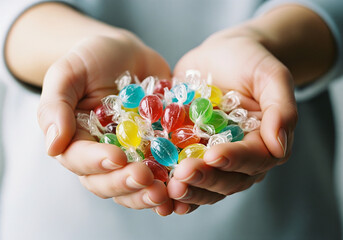 Generous hands offer a vibrant handful of colorful wrapped candies, evoking sweetness and delightful moments for any occasion.