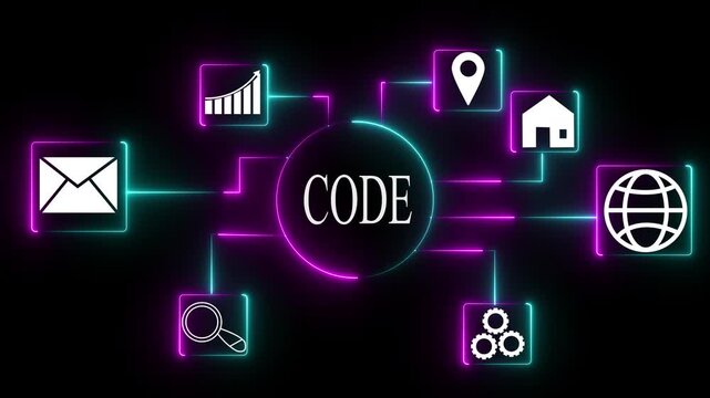CODE concept with glowing neon connections linking icons for data analysis email location home globe search and gears on black background