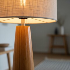 Warm glowing table lamp with a wooden base and fabric shade in a cozy living room interior.