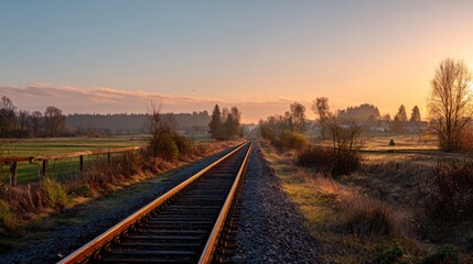 Obraz premium Serene Sunrise Over Railway Tracks in Beautiful Countryside Landscape with Lush Green Fields and Trees Against Colorful Sky