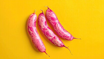 Three Speckled Pink and White Beans Arranged Diagonally on a Vibrant Textured Yellow Surface with Water Droplets Illuminated by Soft Overhead Lighting