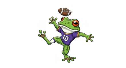 Green frog wearing a purple jersey catches a football