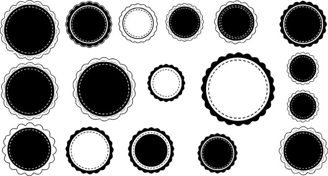 Scalloped Edge Stitched Circle Badge Vector Set. Simple label sticker frame template. Cute vintage frill ornament. Vector illustration isolated on white background.