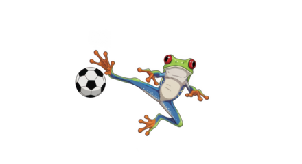 Red eyed tree frog kicking a soccer ball on black background