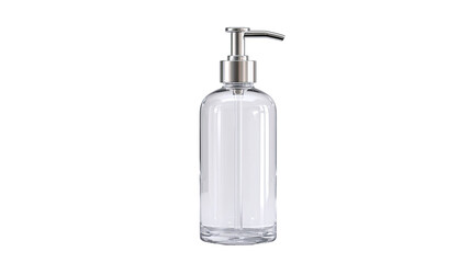 Obraz premium Transparent glass liquid soap dispenser bottle with metallic pump for bathroom hygiene and cleaning isolated on white background