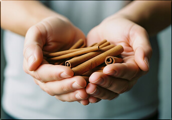 Warm hands gently cradle aromatic cinnamon sticks, evoking cozy autumn vibes and culinary inspiration for baking and healthy living